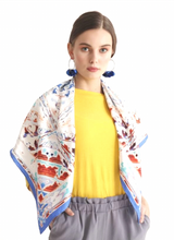 Charger l&#39;image dans la galerie, Silk Scarf 35&quot; x 35&quot; hand-stitched on edges - MARE Collection Inspired by the many treasures of the ocean, MARE cotton silk large scarf has beautiful notes of blue and coral reds in fractal forms creating waves of motion.
