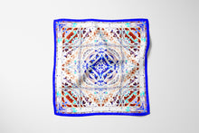 Charger l&#39;image dans la galerie, Silk Scarf 35&quot; x 35&quot; hand-stitched on edges - MARE Collection Inspired by the many treasures of the ocean, MARE cotton silk large scarf has beautiful notes of blue and coral reds in fractal forms creating waves of motion.

