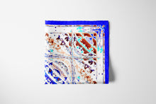 Charger l&#39;image dans la galerie, Silk Scarf 35&quot; x 35&quot; hand-stitched on edges - MARE Collection Inspired by the many treasures of the ocean, MARE cotton silk large scarf has beautiful notes of blue and coral reds in fractal forms creating waves of motion.
