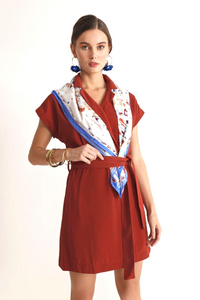 Silk Scarf 35" x 35" hand-stitched on edges - MARE Collection Inspired by the many treasures of the ocean, MARE cotton silk large scarf has beautiful notes of blue and coral reds in fractal forms creating waves of motion.