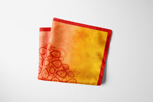 Charger l&#39;image dans la galerie, 100% Silk Twill Scarf, FLAME Collection. Designed with fractal formulas, designed with drop shaped motifs creating one central motif of heart symbol  in tones of red and yellow. An exclusive piece of accessory, a scarf, a foulard. Limited edition, hand-rolled on edges and hand stitched.
