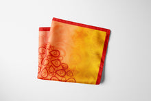 Load image into Gallery viewer, 100% Silk Twill Scarf, FLAME Collection. Designed with fractal formulas, designed with drop shaped motifs creating one central motif of heart symbol  in tones of red and yellow. An exclusive piece of accessory, a scarf, a foulard. Limited edition, hand-rolled on edges and hand stitched.
