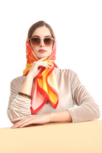 Charger l&#39;image dans la galerie, 100% Silk Twill Scarf, FLAME Collection. Designed with fractal formulas, designed with drop shaped motifs creating one central motif of heart symbol  in tones of red and yellow. An exclusive piece of accessory, a scarf, a foulard. Limited edition, hand-rolled on edges and hand stitched.
