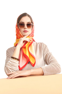 100% Silk Twill Scarf, FLAME Collection. Designed with fractal formulas, designed with drop shaped motifs creating one central motif of heart symbol  in tones of red and yellow. An exclusive piece of accessory, a scarf, a foulard. Limited edition, hand-rolled on edges and hand stitched.