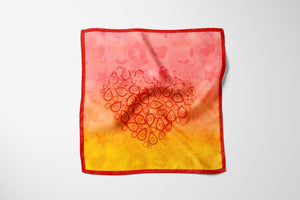 100% Silk Twill Scarf, FLAME Collection. Designed with fractal formulas, designed with drop shaped motifs creating one central motif of heart symbol  in tones of red and yellow. An exclusive piece of accessory, a scarf, a foulard. Limited edition, hand-rolled on edges and hand stitched.