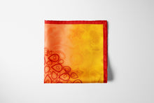 Charger l&#39;image dans la galerie, 100% Silk Twill Scarf, FLAME Collection. Designed with fractal formulas, designed with drop shaped motifs creating one central motif of heart symbol  in tones of red and yellow. An exclusive piece of accessory, a scarf, a foulard. Limited edition, hand-rolled on edges and hand stitched.
