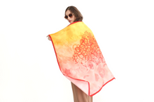 Charger l&#39;image dans la galerie, 100% Silk Twill Scarf, FLAME Collection. Designed with fractal formulas, designed with drop shaped motifs creating one central motif of heart symbol  in tones of red and yellow. An exclusive piece of accessory, a scarf, a foulard. Limited edition, hand-rolled on edges and hand stitched.
