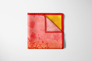 100% Silk Twill Scarf, FLAME Collection. Designed with fractal formulas, designed with drop shaped motifs creating one central motif of heart symbol  in tones of red and yellow. An exclusive piece of accessory, a scarf, a foulard. Limited edition, hand-rolled on edges and hand stitched.