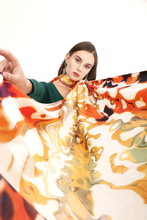 Charger l&#39;image dans la galerie, FLAME Collection 27&quot;x78&quot; Large Silk Shawl pays tribute to the intertwined nature of fire - growing and evolving, by this elongated design of intersecting colours of flame and heat. Produced in limited numbers, hand-rolled on edges and hand stitched.
