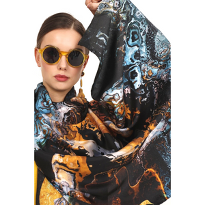 Large Silk Shawl 27" x 78" - MARE Collection Inspired by the many treasures of the ocean, MARE cotton silk large shawl has beautiful notes of blue and greens in linear forms creating waves of motion.