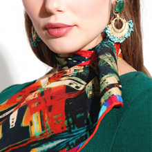 Load image into Gallery viewer, Silk Crepe Scarf &amp; Bandana 27&quot; x 27&quot; - TERRA Collection TERRA silk scarf pays tribute to the nature of life - evolving and restarting it&#39;s journey, by this elongated design of intersecting colours of earth and skies.
