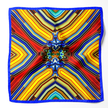 Charger l&#39;image dans la galerie, FLAME Collection 35&quot;x35&quot; Silk Scarf pays tribute to the intertwined nature of fire - growing and evolving, by this elongated design of intersecting colours of flame and heat. Produced in limited numbers, hand-rolled on edges and hand stitched.
