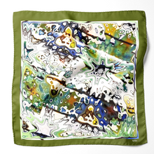 Charger l&#39;image dans la galerie, Silk Scarf &amp; Foulard, 35&quot; x 35&quot; - TERRA Collection TERRA silk scarf pays tribute to the nature of life - evolving and restarting it&#39;s journey, by this elongated design of intersecting colours of earth and skies.
