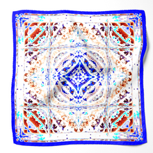 Charger l&#39;image dans la galerie, Silk Scarf 35&quot; x 35&quot; hand-stitched on edges - MARE Collection Inspired by the many treasures of the ocean, MARE cotton silk large scarf has beautiful notes of blue and coral reds in fractal forms creating waves of motion.
