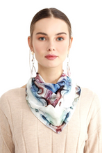 Load image into Gallery viewer, Silk Crepe Scarf &amp; Bandana 27&quot; x 27&quot; - TERRA Collection TERRA silk scarf pays tribute to the nature of life - evolving and restarting it&#39;s journey, by this elongated design of intersecting colours of earth and sky.
