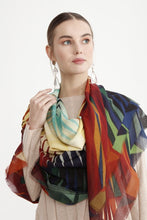 Charger l&#39;image dans la galerie, Cotton Silk Shawl 55&quot; x 55&quot; - FLAME Collection FLAME cotton silk shawl pays tribute to the intertwined nature of fire, growing and evolving, by this elongated design of intersecting colours of flame and heat
