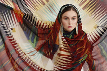 Charger l&#39;image dans la galerie, Cotton Silk Shawl 55&quot; x 55&quot; - FLAME Collection FLAME cotton silk shawl pays tribute to the intertwined nature of fire, growing and evolving, by this elongated design of intersecting colours of flame and heat
