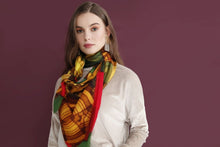 Charger l&#39;image dans la galerie, Cotton Silk Shawl 55&quot; x 55&quot; - FLAME Collection FLAME cotton silk shawl pays tribute to the intertwined nature of fire, growing and evolving, by this elongated design of intersecting colours of flame and heat

