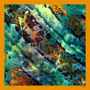 Silk Scarf & Foulard 35" x 35" - MARE Collection Inspired by the many treasures of the ocean, MARE silk scarf and foulard has beautiful notes of blue and greens in linear forms creating waves of motion.