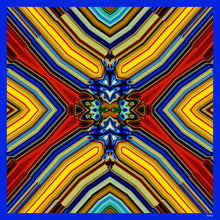 Charger l&#39;image dans la galerie, FLAME Collection 35&quot;x35&quot; Silk Scarf pays tribute to the intertwined nature of fire - growing and evolving, by this elongated design of intersecting colours of flame and heat. Produced in limited numbers, hand-rolled on edges and hand stitched.
