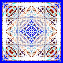 Charger l&#39;image dans la galerie, Silk Scarf 35&quot; x 35&quot; hand-stitched on edges - MARE Collection Inspired by the many treasures of the ocean, MARE cotton silk large scarf has beautiful notes of blue and coral reds in fractal forms creating waves of motion.
