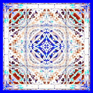 Silk Scarf 35" x 35" hand-stitched on edges - MARE Collection Inspired by the many treasures of the ocean, MARE cotton silk large scarf has beautiful notes of blue and coral reds in fractal forms creating waves of motion.