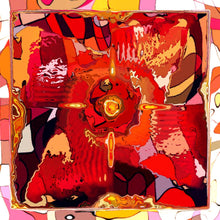 Load image into Gallery viewer, Silk Crepe Scarf &amp; Bandana 27&quot; x 27&quot; - FLAME Collection FLAME silk scarf pays tribute to the intertwined nature of fire - growing and evolving, by this elongated design of intersecting colours of flame and heat.
