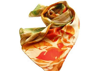 Load image into Gallery viewer, 100% Silk Twill Shawl, FLAME Collection Designed with fractal formulas creating elongated floral motifs in tones of red, green, yellow. An exclusive piece of accessory, a scarf, a foulard. Limited edition, hand-rolled on edges and hand stitched.
