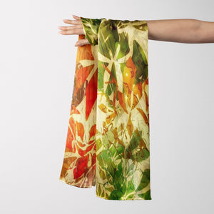 100% Silk Twill Shawl, FLAME Collection Designed with fractal formulas creating elongated floral motifs in tones of red, green, yellow. An exclusive piece of accessory, a scarf, a foulard. Limited edition, hand-rolled on edges and hand stitched.