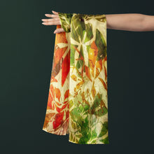 Charger l&#39;image dans la galerie, 100% Silk Twill Shawl, FLAME Collection Designed with fractal formulas creating elongated floral motifs in tones of red, green, yellow. An exclusive piece of accessory, a scarf, a foulard. Limited edition, hand-rolled on edges and hand stitched.
