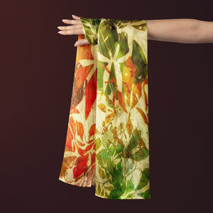 100% Silk Twill Shawl, FLAME Collection Designed with fractal formulas creating elongated floral motifs in tones of red, green, yellow. An exclusive piece of accessory, a scarf, a foulard. Limited edition, hand-rolled on edges and hand stitched.