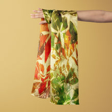 Load image into Gallery viewer, 100% Silk Twill Shawl, FLAME Collection Designed with fractal formulas creating elongated floral motifs in tones of red, green, yellow. An exclusive piece of accessory, a scarf, a foulard. Limited edition, hand-rolled on edges and hand stitched.
