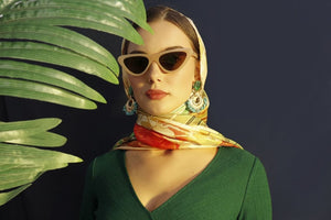 100% Silk Twill Shawl, FLAME Collection Designed with fractal formulas creating elongated floral motifs in tones of red, green, yellow. An exclusive piece of accessory, a scarf, a foulard. Limited edition, hand-rolled on edges and hand stitched.