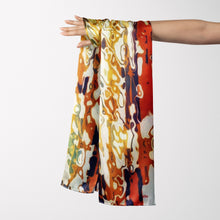 Charger l&#39;image dans la galerie, FLAME Collection 27&quot;x78&quot; Large Silk Shawl pays tribute to the intertwined nature of fire - growing and evolving, by this elongated design of intersecting colours of flame and heat. Produced in limited numbers, hand-rolled on edges and hand stitched.
