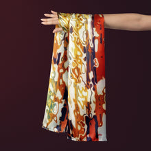Charger l&#39;image dans la galerie, FLAME Collection 27&quot;x78&quot; Large Silk Shawl pays tribute to the intertwined nature of fire - growing and evolving, by this elongated design of intersecting colours of flame and heat. Produced in limited numbers, hand-rolled on edges and hand stitched.
