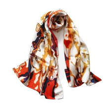 Load image into Gallery viewer, 100% Silk Twill Shawl, FLAME Collection Designed with fractal formulas creating elongated waves in tones of red, dark violet, green and yellow. An exclusive piece of accessory - a scarf, a foulard.. Limited edition, hand-rolled on edges and hand stitched.
