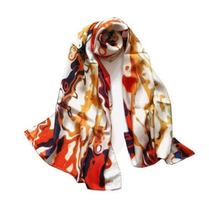 100% Silk Twill Shawl, FLAME Collection Designed with fractal formulas creating elongated waves in tones of red, dark violet, green and yellow. An exclusive piece of accessory - a scarf, a foulard.. Limited edition, hand-rolled on edges and hand stitched.