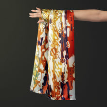 Charger l&#39;image dans la galerie, FLAME Collection 27&quot;x78&quot; Large Silk Shawl pays tribute to the intertwined nature of fire - growing and evolving, by this elongated design of intersecting colours of flame and heat. Produced in limited numbers, hand-rolled on edges and hand stitched.

