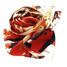 Charger l&#39;image dans la galerie, 100% Silk Twill Shawl, FLAME Collection Designed with fractal formulas creating elongated waves in tones of red, dark violet, green and yellow. An exclusive piece of accessory - a scarf, a foulard.. Limited edition, hand-rolled on edges and hand stitched.
