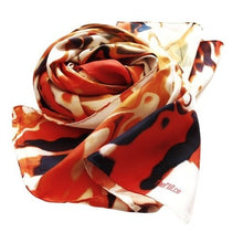 Load image into Gallery viewer, 100% Silk Twill Shawl, FLAME Collection Designed with fractal formulas creating elongated waves in tones of red, dark violet, green and yellow. An exclusive piece of accessory - a scarf, a foulard.. Limited edition, hand-rolled on edges and hand stitched.

