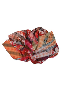 100% Silk Twill Shawl, FLAME Collection Designed with fractal formulas creating diagonal stripes with tones of red, blue green and yellow. An exclusive piece of accessory - a scarf, a foulard.. Limited edition, hand-rolled on edges and hand stitched.