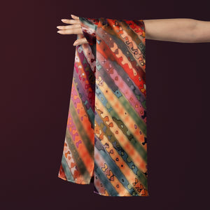 100% Silk Twill Shawl, FLAME Collection Designed with fractal formulas creating diagonal stripes with tones of red, blue green and yellow. An exclusive piece of accessory - a scarf, a foulard.. Limited edition, hand-rolled on edges and hand stitched.