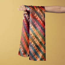 Charger l&#39;image dans la galerie, 100% Silk Twill Shawl, FLAME Collection Designed with fractal formulas creating diagonal stripes with tones of red, blue green and yellow. An exclusive piece of accessory - a scarf, a foulard.. Limited edition, hand-rolled on edges and hand stitched.
