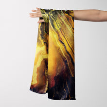 Charger l&#39;image dans la galerie, FLAME Collection 27&quot;x78&quot; Large Silk Shawl pays tribute to the intertwined nature of fire - growing and evolving, by this elongated design of intersecting colours of flame and heat. Produced in limited numbers, hand-rolled on edges and hand stitched.

