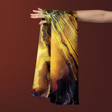 Charger l&#39;image dans la galerie, FLAME Collection 27&quot;x78&quot; Large Silk Shawl pays tribute to the intertwined nature of fire - growing and evolving, by this elongated design of intersecting colours of flame and heat. Produced in limited numbers, hand-rolled on edges and hand stitched.
