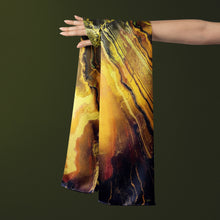 Charger l&#39;image dans la galerie, FLAME Collection 27&quot;x78&quot; Large Silk Shawl pays tribute to the intertwined nature of fire - growing and evolving, by this elongated design of intersecting colours of flame and heat. Produced in limited numbers, hand-rolled on edges and hand stitched.
