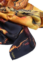 Load image into Gallery viewer, 100% Silk Shawl, FLAME Collection  An exclusive piece of accessory - a shawl, a foulard, a belt, a piece of clothing..  Produced in limited numbers, handmade. Hand-rolled on edges and hand stitched. Each piece has a unique design created by special &#39;Fractal&#39; formulas.
