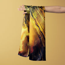 Charger l&#39;image dans la galerie, FLAME Collection 27&quot;x78&quot; Large Silk Shawl pays tribute to the intertwined nature of fire - growing and evolving, by this elongated design of intersecting colours of flame and heat. Produced in limited numbers, hand-rolled on edges and hand stitched.

