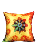 Load image into Gallery viewer, Front view of square %100 pure silk throw pillow, designed specially with fractal formulas and hand manufactured in limited numbers. Has a central circular shaped main motif with dominant colors of yellow, red and green. Printed on both sides.
