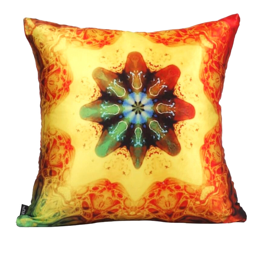 Front view of square %100 pure silk throw pillow, designed specially with fractal formulas and hand manufactured in limited numbers. Has a central circular shaped main motif with dominant colors of yellow, red and green. Printed on both sides.